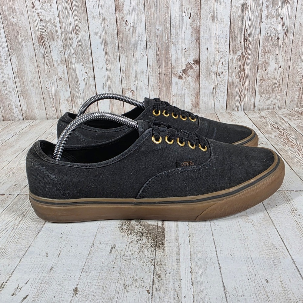 Vans Authentic Black Gum Mens 10.5 Low Top Canvas Skate Shoes Gold Eyelets
